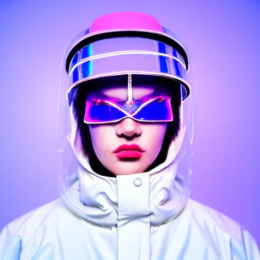 Image similar to an ultra high definition professional studio quality photograph of an artificial celebrity cyberpunk pop star wearing a transparent iridescent perspex pastel coloured face visor and matching raincoat on white coat hook in an empty white room. dramatic lighting. volumetric shadows. light rays