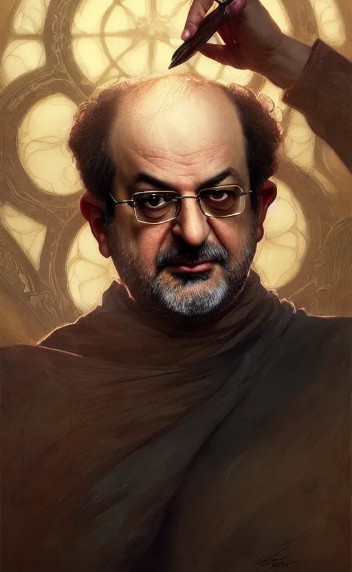 Image similar to portrait of salman rushdie, deep focus, d & d, fantasy, intricate, elegant, highly detailed, digital painting, artstation, concept art, matte, sharp focus, illustration, art by artgerm and greg rutkowski and alphonse mucha