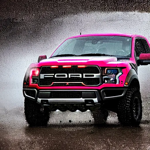 Image similar to a hyper realistic photo of the driver side of a ford raptor in a rainstorm