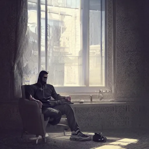 Image similar to Young middle-eastern Almighty God, wearing tracksuit sitting in armchair in poor european apartment. Perfect composition. Very very beautiful digital art in style of Greg Rutkowski, intricate stunning texture and details, fine detailed face. Trending on artstation. Dramatic lighting