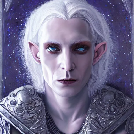 Prompt: silvery skinned male elf with silvery blue hair, wearing occult robes, performing summonig ritual, fantasy, d & d, intricate, high detail, 4 k, dark colors, oil on board, by brom