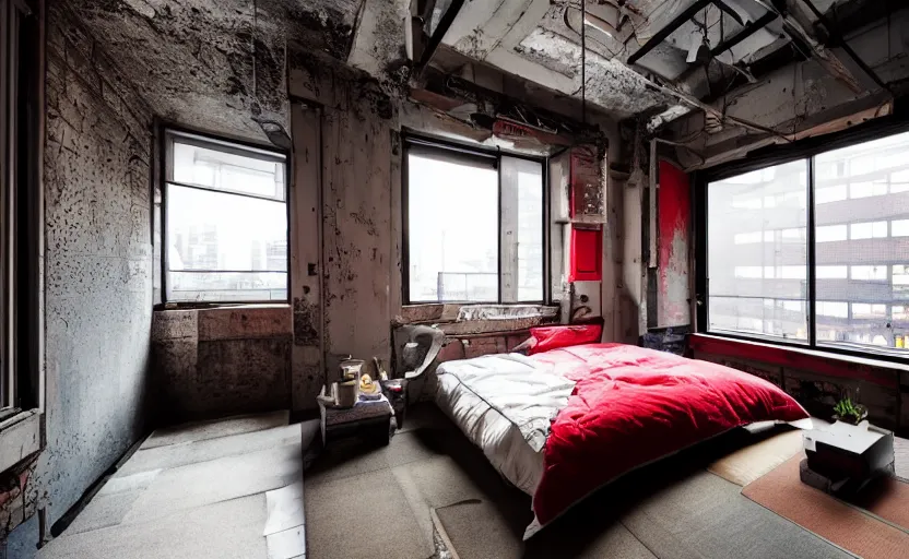 Image similar to maximalist interior of a japanese bedroom, concrete, neon signs, old brick walls, rough wood, grey, anthracite, red, akihabara style, swedish style, window with a view of apartment blocks