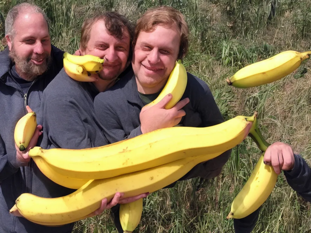 Prompt: a photograph of michael balzary hugging a big banana