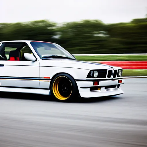 Image similar to a rolling shot of a modified bmw e 3 0 with lights on, on a street race track, motion blur, 3 0 0 mm photography, car photography, clean lines, realistic