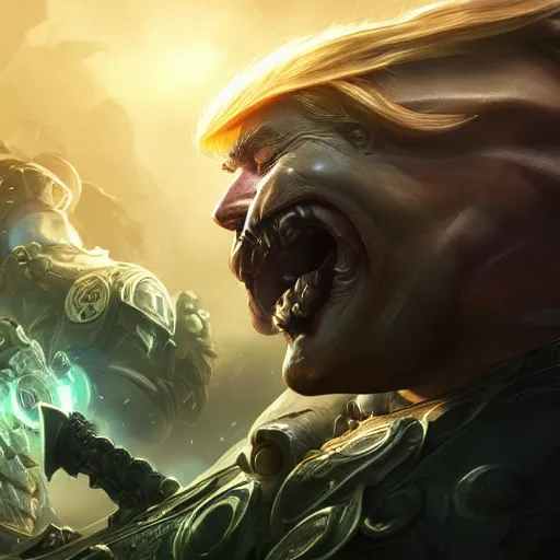 Image similar to Portrait of Trump, League of Legends amazing splashscreen artwork, Gears of War, splash art,natural light, elegant, photorealistic facial features, intricate, fantasy, detailed face, atmospheric lighting, anamorphic lens flare, cinematic lighting, league of legends splash art, hd wallpaper, ultra high details by Greg rutkowski