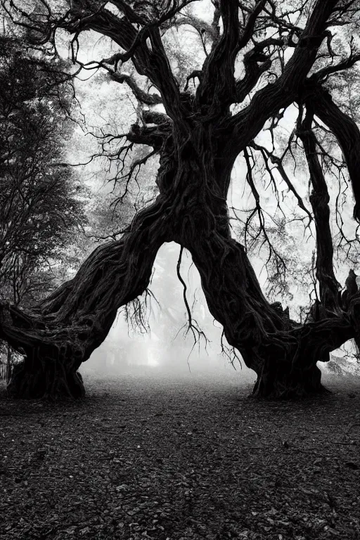 Image similar to a gloomy portal to the underworld in a big old tree