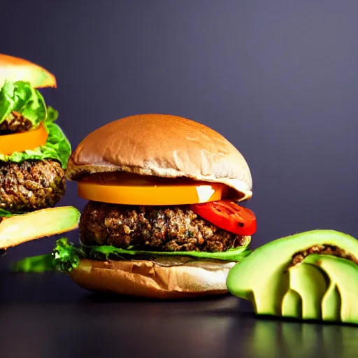 Image similar to juicy vegan hamburger topped with avocado and onion and a vegan fried egg, little chicken head inside the hamburger, crispy buns, 8 k resolution, professional food photography, studio lighting, sharp focus, hyper - detailed