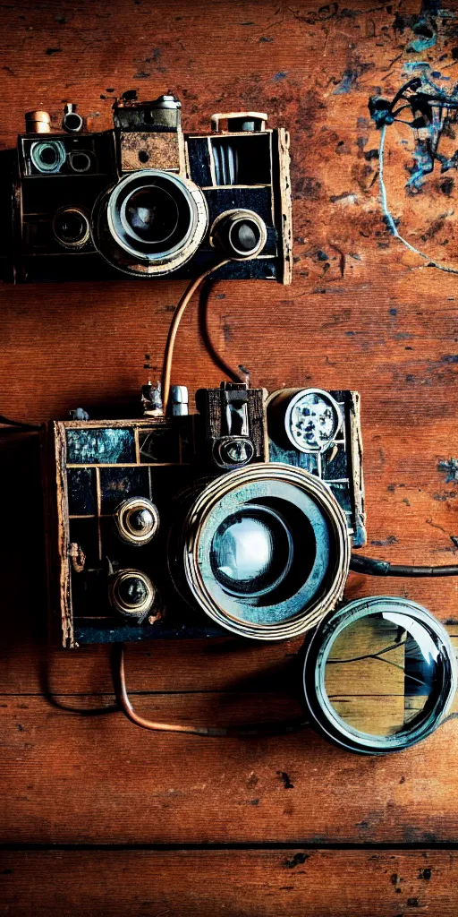 Prompt: A photo of a very old opened device with vacuum tubes, film, capacitors and coils inside, and a camera lens on the outside on an old wooden table by Annie Lebovitz, Laura Letinsky and Steve McCurry, grungy, weathered Ultra detailed, hyper realistic, 4k