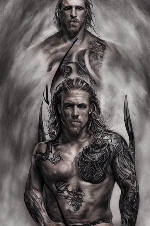 Image similar to Photorealistic Portrait of frontal standing pose torso of a very attractive muscular Jax Teller all his skin covered by dark grim themed tattoos: surrounded by magic lightings overlays, Intricate, concept art, magic lighting overlays, magical portal opened, D&D!, fantasy style, sharp focus!, ultra detailed, art by Artgerm and Peter Andrew Jones, WLUP, Magali Villeneuve