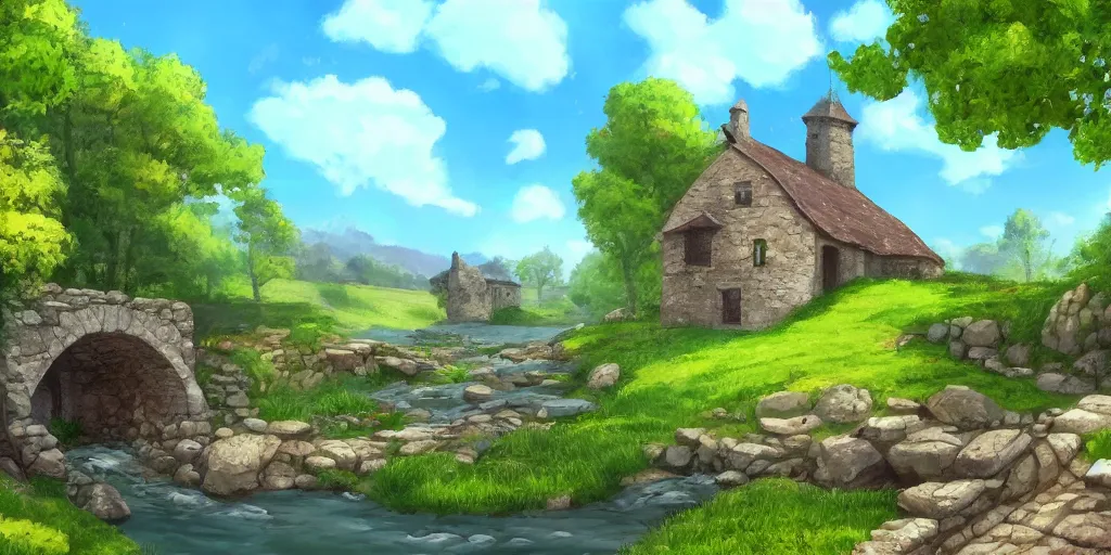 Image similar to a serene landscape with a small medieval stone house near a river in the style of Pixar, anime style, low saturation, high quality, highly detailed, 4k, complementary colours, cartoon