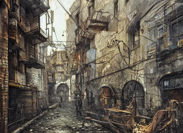 Image similar to street in belgrade, pov, jpeg artefacts on canvas, by seb mckinnon and james gurney and greg rutkowski, highly detailed, hdr