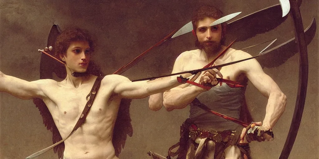 Image similar to portrait of a skeleton archer with big sword, wearing helmets and armor with wings, symmetrical, solemn, sacred, aura, by bouguereau