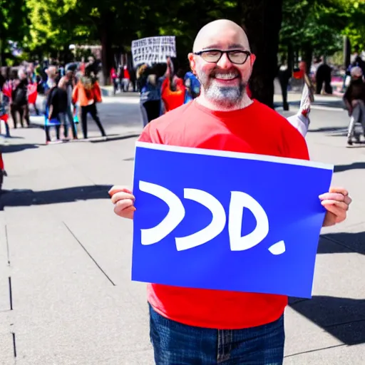 Prompt: photograph of smiling man holding a protest sign saying'xd ', high detail, 8 k resolution