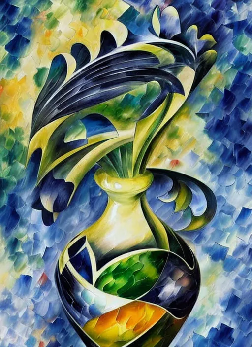 Image similar to Escher inspired vase, designed by Rene Lalique, studio photography on a Leonid Afremov background