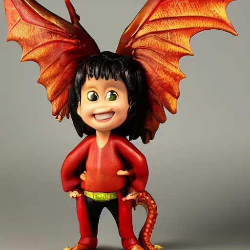 Prompt: the assemblage features a young boy disguised as a dragon. the boy is shown wearing a costume with dragon - like features, including a long tail, wings, and horns. he has a large grin on his face, suggesting that he is enjoying his disguise. pixar's'up ', crystal figure by akihiko yoshida, by chesley bonestell peaceful