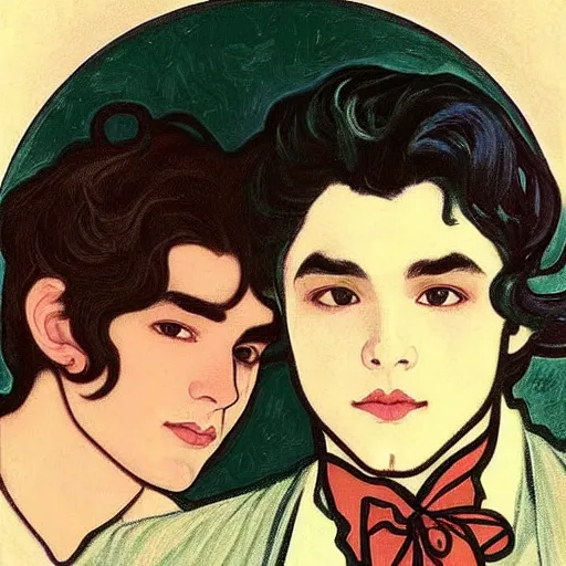 Prompt: painting of young cute handsome beautiful dark medium wavy hair man in his 2 0 s named shadow taehyung and cute handsome beautiful min - jun together at the halloween witchcraft party with bubbling cauldron, melancholy, autumn colors, elegant, painting, stylized, gorgeous eyes, soft facial features, delicate facial features, art by alphonse mucha, vincent van gogh, egon schiele