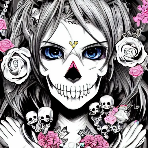 Image similar to anime manga skull portrait young woman skeleton, hello kitty, elegant, highly detailed, digital art, art by singer sergeant rolf harris