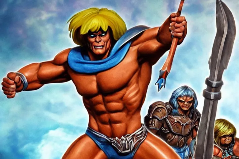 Image similar to realistic he - man, holding the power of grayskull, award winning photo, hd, high detailed