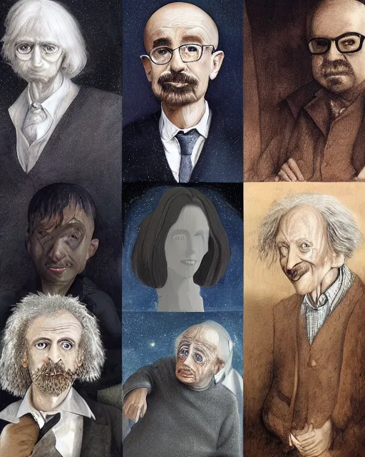 Image similar to Portrait Isaac Newton Stephen Hawking Albert Einstein by charlie bowater elina brotherus greg rutkowski Dan Witz paul klee jamie wyeth victo ngai