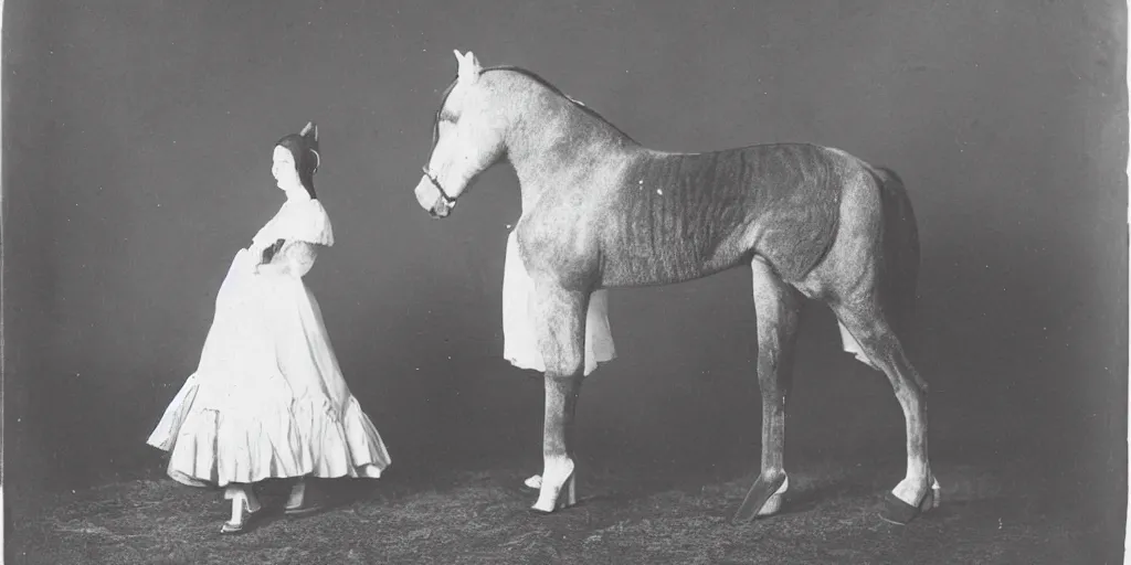 Image similar to cat head horse body, high heels, strange, black and white, photograph, 1850s