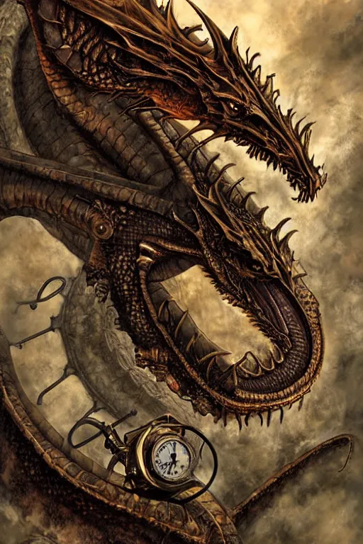 Image similar to hyper realistic dragon lying down with steam punk breathing apparatus on its back, white background, full frame, art byjon foster