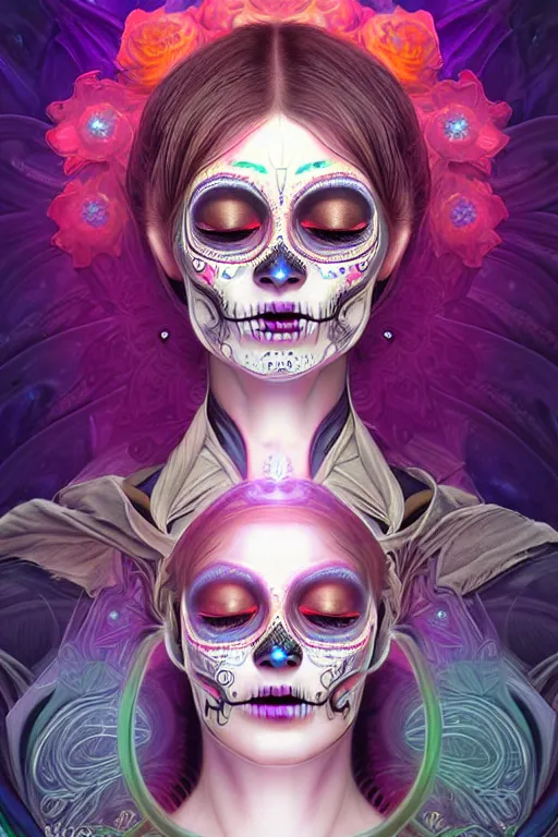 Prompt: ultra detailed female android deity, eyes closed, 8 k, flowerpunk, psychedelic vector art!!!, digital painting, sci - fi, fantasy, ( dia de los muertos ), asymmetrical,!! concept art, art by artgerm and giger and michael welan and alphonse mucha and loish and wlop