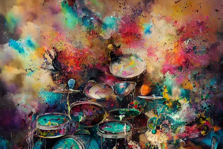 Image similar to a splattered action painting showing a drumset, ultradetailed, fine art painting, peter mohrbacher, moebius, drumset, frottage, watercolor, acrylic, multilayered paint, spectacular splatter explosion, psychedelic art