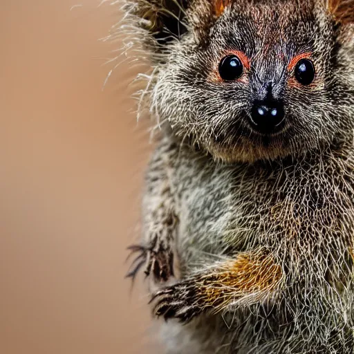 Prompt: spider quokka hybrid, 🕷, happy, bold natural colors, national geographic photography, masterpiece, in - frame, canon eos r 3, f / 1. 4, iso 2 0 0, 1 / 1 6 0 s, 8 k, raw, unedited, symmetrical balance