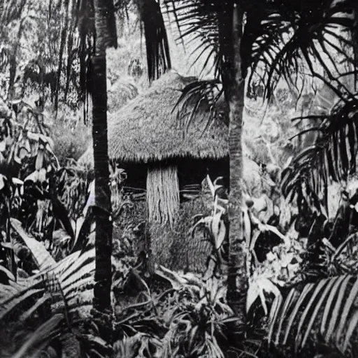 Image similar to a rizom lost film footage of a sacred ( ( ( ( ( ( ( indigenous ) ) ) ) ) ) ) artifact in the middle of the ( ( ( ( ( ( ( ( ( ( tropical jungle ) ) ) ) ) ) ) ) ) ) / ethnographic object / film still / cinematic / enhanced / 1 9 0 0 s / black and white / grain