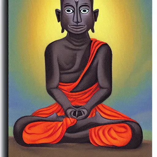 Image similar to canvas painting of cat buddhist monk cartoon, meditating, sitting, front view, eyes closed