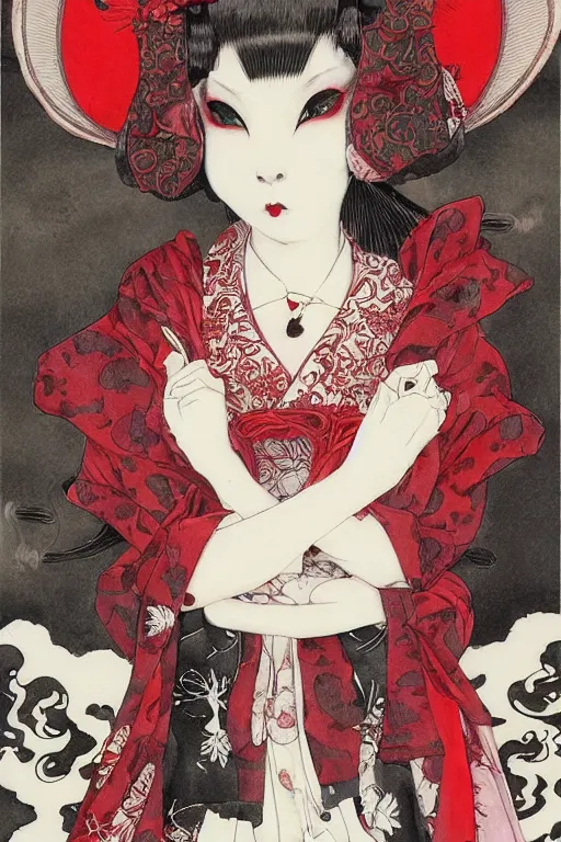 Prompt: watercolor painting of an avant - garde japanese cat geisha vampire queen in a victorian lolita fashion red dress in the style of lovecraftian horror painted by yoshitaka amano, takato yamamoto, ayami kojima, dmt art, symmetrical vogue face portrait, intricate detail, artstation, cgsociety, artgerm, rococo