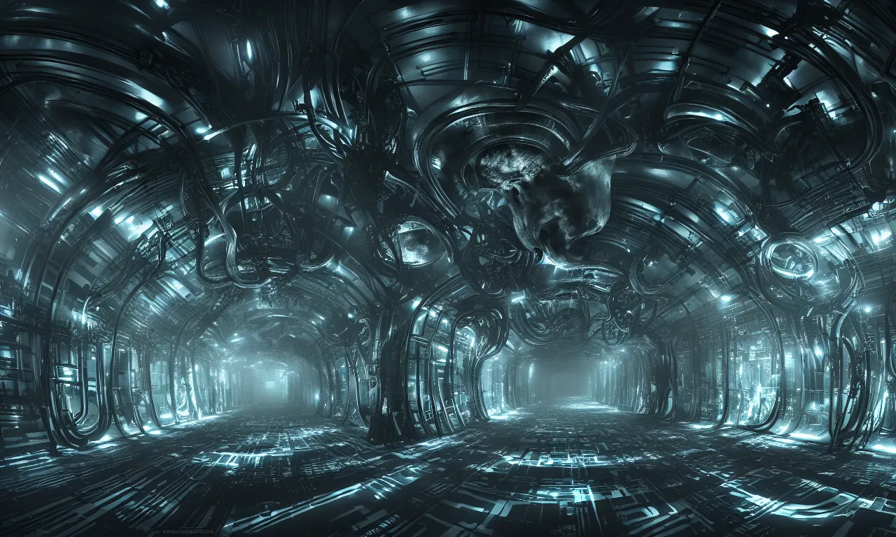 Prompt: sci-fi Prometheus biological corridor, biologic HR Giger style, Alien, Wide angle, featured in artstation, octane render, cinematic, elegant, intricate, 8k