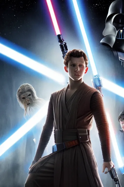 Image similar to tom holland as a jedi in a new star wars film, 3 5 mm photography, highly detailed, cinematic lighting, standing pose, holding lightsaber 4 k