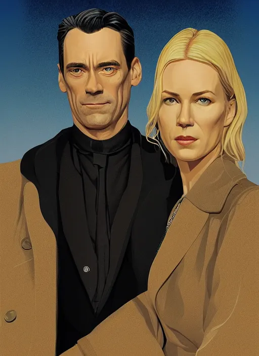 Image similar to poster artwork by Michael Whelan and Tomer Hanuka, Karol Bak of Naomi Watts & Jon Hamm husband & wife portrait, in the pose of American Gothic, from scene from Twin Peaks, clean, simple illustration, nostalgic, domestic, full of details