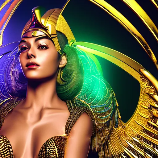 Image similar to hyper realistic photo portrait of beautiful egyptian goddess with wings and gold armor, cyberpunk, glow fluo, 8 k, octane render, sci - fi backgroud, detailled, spiritual inspiration