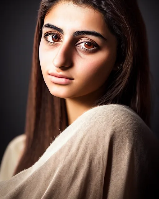 Prompt: a highly realistic, true to life portrait of a beautiful young middle eastern girl, sharp focus, from the waist up, with sharp features, a beautiful face, soft smile, under studio lighting, taken with a canon eos camera with 1 3 5 mm focal length, volumetric lighting, epic, masterpiece, by greg rutkowski