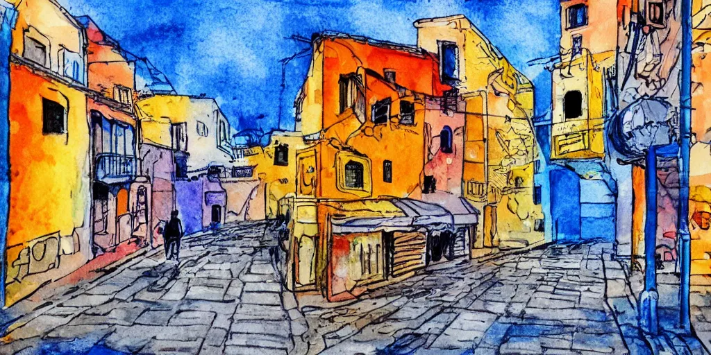 Prompt: streets of tel aviv. pen painting watercolors. colorful