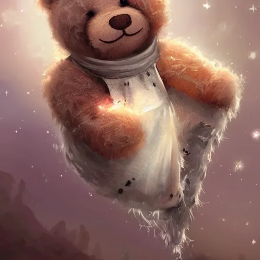 Image similar to ragged and torn teddy bear floating in space, highly detailed, Charlie Bowater character art,