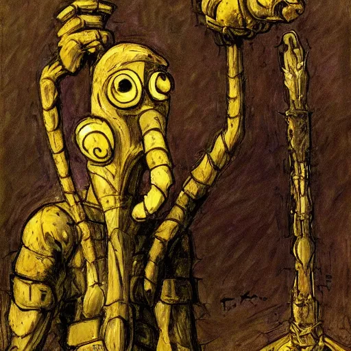 Prompt: squidward as a dark souls boss by Frank Auerbach