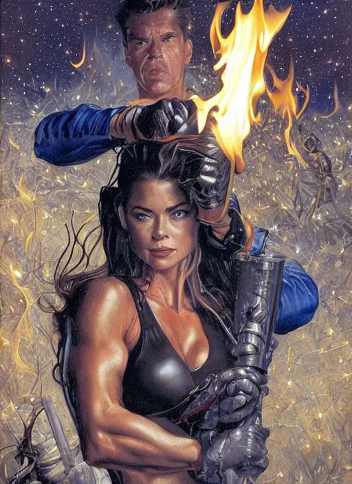 Image similar to portrait of a very muscled Denise Richards as a heroine glaring into the camera, torches and fireflies and night, very crispy, art by Donato Giancola, Joseph Christian Leyendecker, WLOP, Boris Vallejo, Artgerm