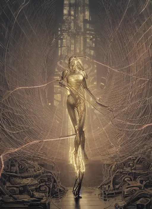 Prompt: Wanda Maximoff, dynamic pose, standing in a h.r. giger city, glowing, wires everywhere, by Edgar Maxence and Ross Tran, Zdzisław Beksiński, and Michael Whelan, distant, gustav dore, H.R. Giger, 8k, octane render