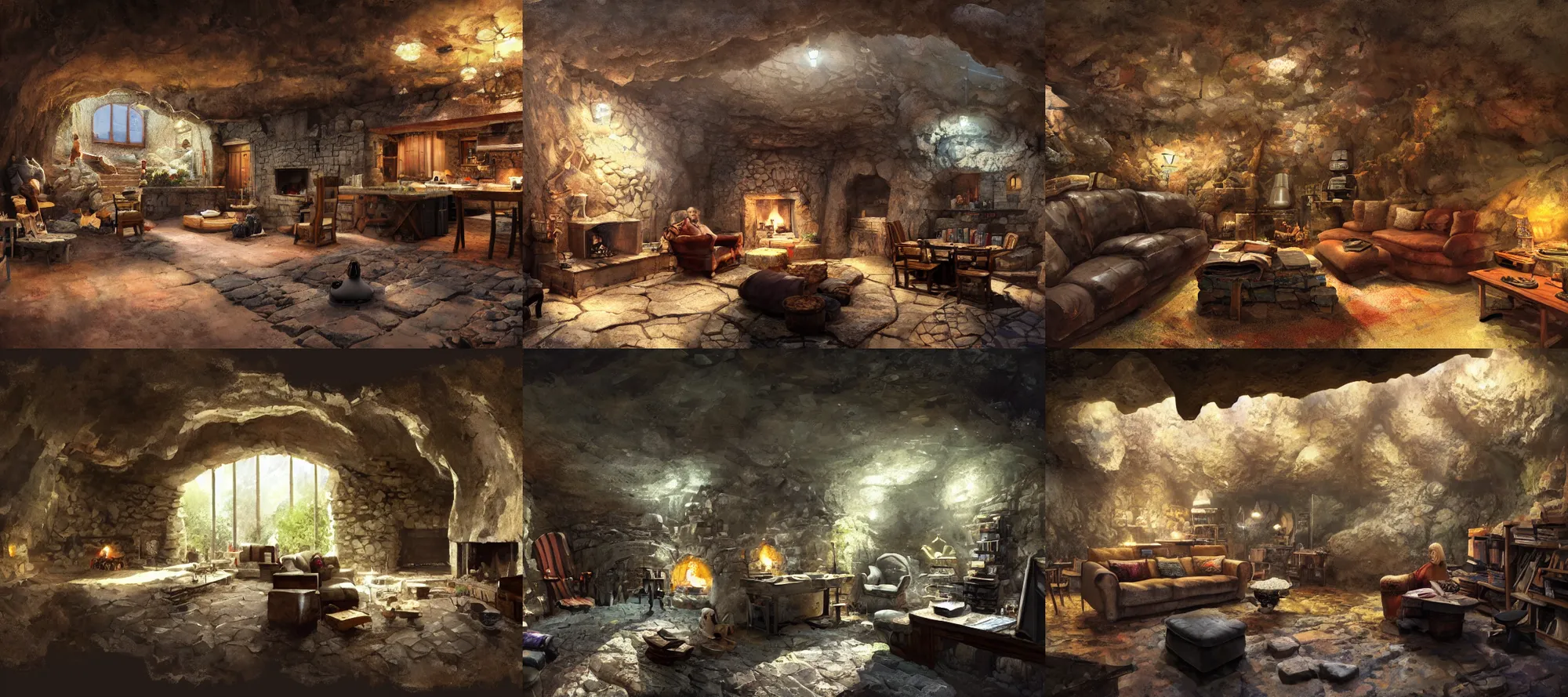 Prompt: a home deep underground in a cave, rock walls, dark dingy, kitchen table, stove, fridge, armchairs, fireplace, books on side table, rug on floor by fireplace, pictures of family on wall,craig mullins, detailed watercolour, texture, 4k