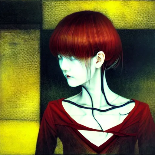 Image similar to yoshitaka amano blurred and dreamy realistic three quarter angle horror portrait of a sinister young woman with short hair and yellow eyes wearing office suit with tie, junji ito abstract patterns in the background, satoshi kon anime, noisy film grain effect, highly detailed, renaissance oil painting, weird portrait angle, blurred lost edges