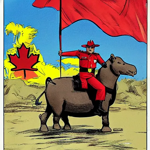Image similar to comic book drawing of a canadian mountie riding a giant fat hippo by simon bisley and jack kirby