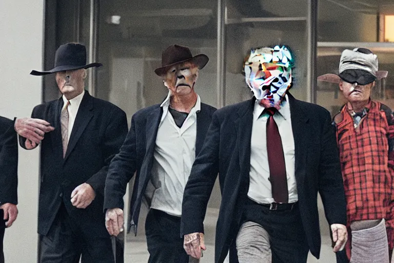 Prompt: dramatic cinematic bank robbers running out of bank wearing trump masks by Roger Deakins