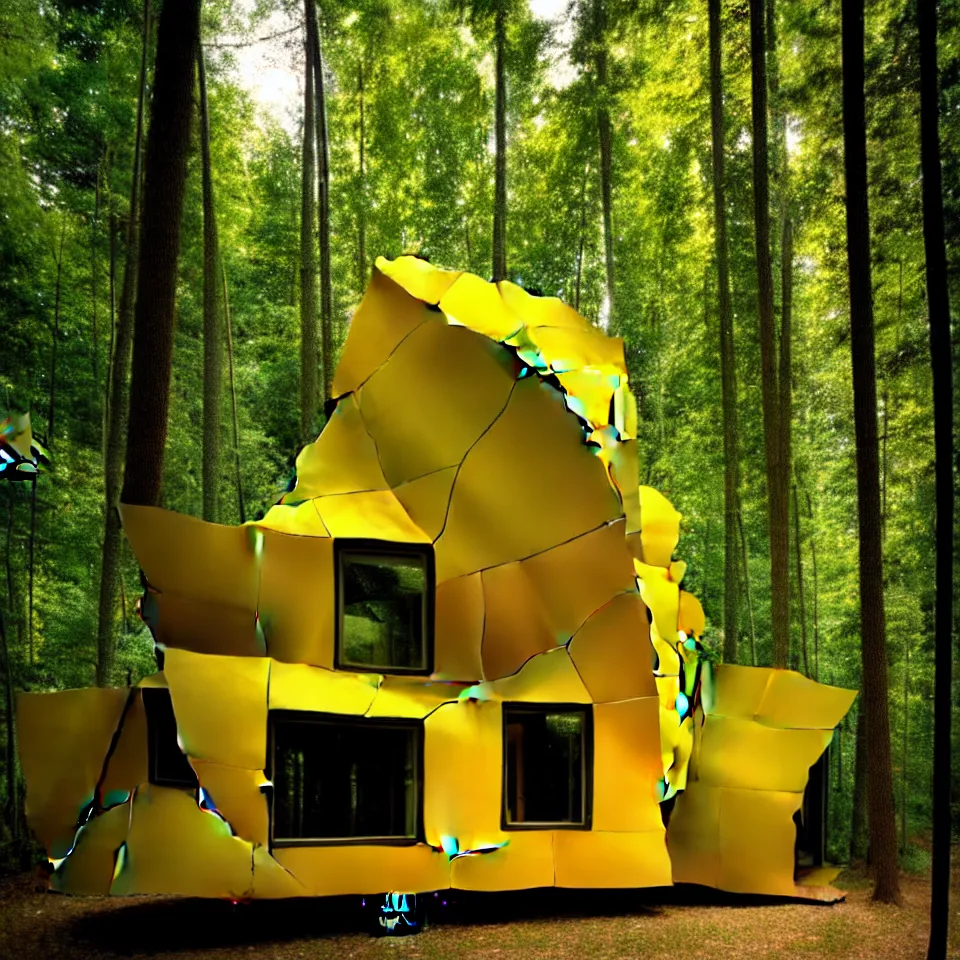 Prompt: a tiny tiny house with big tiles, from far away, in a forest, designed by frank gehry. film grain, cinematic, yellow hue