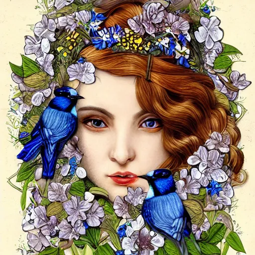 Image similar to realistic detailed face portrait of a beautiful woman with flowers in her hair and a blue jay nesting in her hair by jenny savilla, michael c hayes, fairytale, art nouveau, victorian, character concept design, smooth, extremely sharp detail, finely tuned detail, story book design, storybook layout