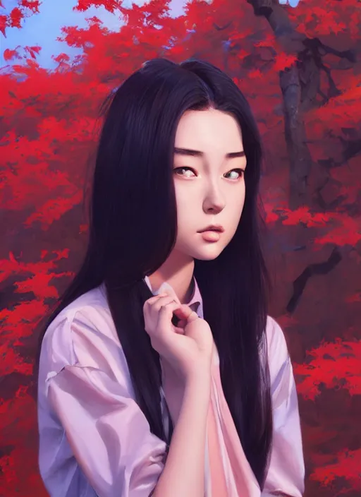 Image similar to oil painting by ilya kuvshinov,, baugh casey, rhads, coby whitmore, of a youthful japanese beauty, long hair, standing holding a outdoors by vending machines, highly detailed, breathtaking face, studio photography, dawn, intense subsurface scattering, blush, supple look, innocence, intense sunlight