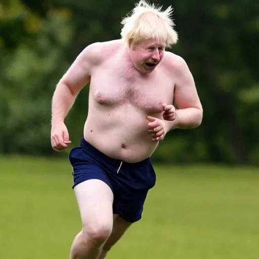 Prompt: Photo of Boris Johnson running, very hairy blond chest, big pot belly, shirtless, wearing white shorts