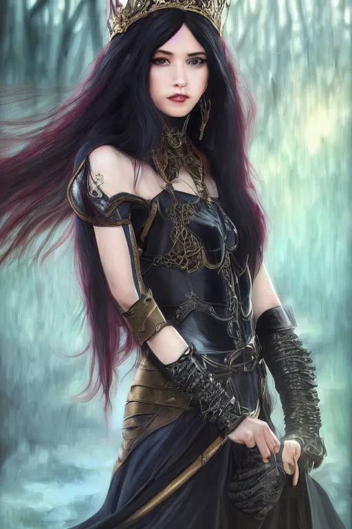 Prompt: eloquent young elf queen with long black hair, full body portrait, gorgeous, seductive, realistic, leather armor and cloak, leather gloves, digital art, path traced, highly detailed, high quality, lively, sakimi chan, alphonse mucha, leesha hannigan